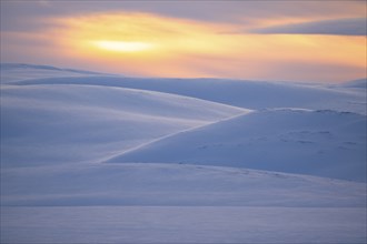 Arctic landscape in winter, snow-covered fell landscape, Varanger Peninsula, Finnmark, Northern