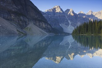 Mountains reflected in glacial water of Moraine Lake in the Valley of the Ten Peaks, Banff National