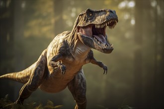 Tyrannosaur rex roaring in a prehistoric forest with lush vegetation, ferns and sunlight, AI