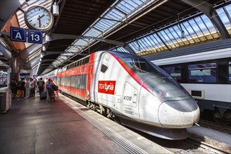 TGV Lyria high-speed train SNCF railway train at Zurich main station, Switzerland, Europe