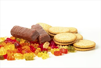 Sweets, jelly bears, biscuits and chocolate bars, on white, copy room