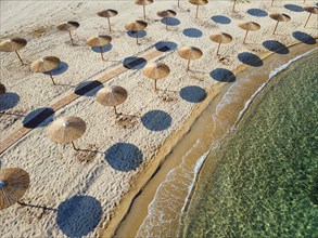 Aerial view, sunshades, Ema beach, Toroni, Torone, Sithonia, Chalkidiki, Central Macedonia, Greece,