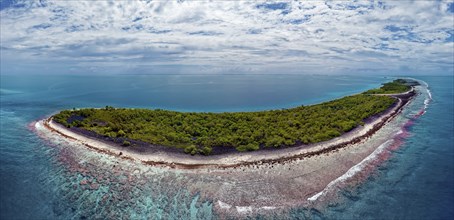 Aerial view of uninhabited island in Fakarava Atoll, typical island landscape, front outer reef,