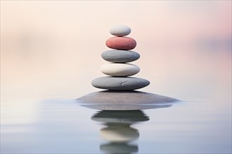 Stack of zen stones on water with a nature background. The image conveys a sense of balance,