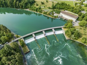 Aerial view of the Rheinau hydroelectric power plant power station and electricity plant with the