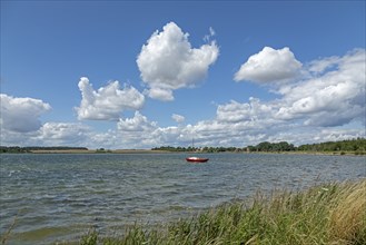 Clouds, boat, water, Schlei near Maasholm, Schleswig-Holstein, Germany, Europe