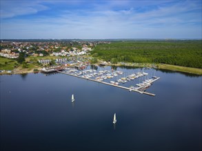 Beach and harbour in Zöbiker on Lake Cospuden