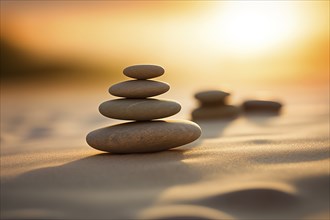 Zen stones stack on sand waves in a minimalist setting for balance and harmony. Balance, harmony,