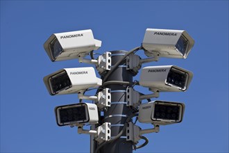 Many surveillance cameras in urban environment, Bahnhofsplatz, state capital Wiesbaden, Hesse,