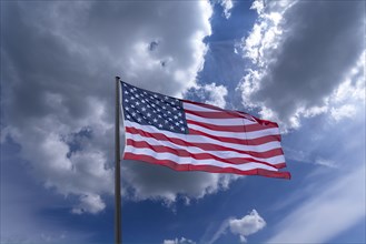 Waving flag of the USA, cloudy sky, Koblenz, Rhineland-Palatinate, Germany, Europe