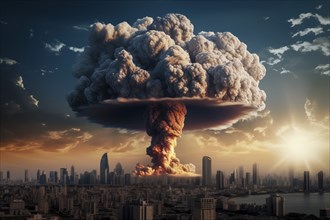 Nuclear blast and mushroom cloud in a city skyline. The explosion is destroying buildings and