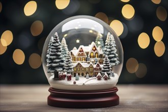 Winter Wonderland with house trees in Glass Ball Snow Globe on table and blurred bokeh background,