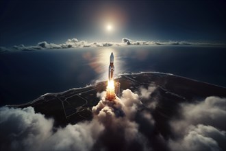 Aerial view of a rocket launch at sunrise sunset over an ocean coast. The rocket is blasting off