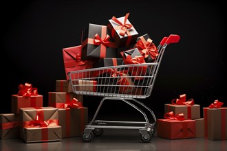 A black Friday Sale concept, black present boxes with red ribbons in shopping cart on a black