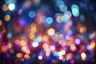 An abstract and colorful defocused blurred bokeh background with bright lights and festive