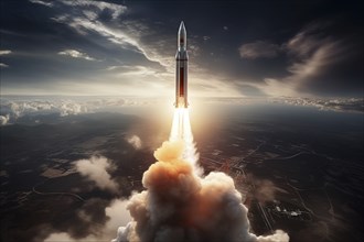 Aerial view of a rocket launch at sunrise sunset over an ocean coast. The rocket is blasting off