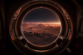 Mars landscape seen through spaceship window illuminator. Concept of extraterrestrial journey space