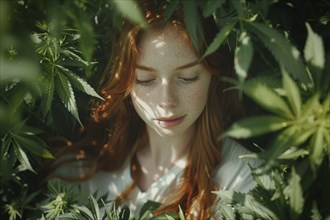 Portrait of a young woman surrounded by hemp leaves, cannabis, industrial hemp, symbolic image,