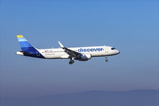 Discover Airlines aircraft with new design on approach, Frankfurt Airport, Fraport Airport.