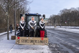 Farmers' protest action, tractor with protest display, StraÃŸe des 17. Juni, Berlin, Germany,