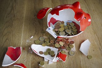 Symbolic photo on the subject of saving. An open, broken piggy bank with coins and banknotes stands