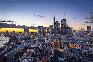 View of the banking district in the evening, skyscrapers of the credit institutions, Mainhatten, in