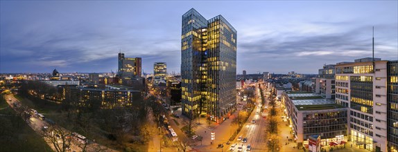 Panorama aerial view Dancing Towers at blue hour with Reeperbahn, St. Pauli, Hamburg, Germany,