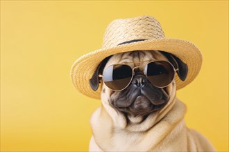 Cute pug dog with cool sunglasses and summer straw hat on yellow studio background. KI generiert,