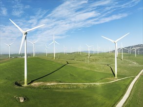 Windmills on a wind farm near Zahara de los Atunes. Aerial view. Drone shot. Cadiz province,