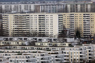 View of high-rise buildings and apartment blocks in the Berlin district of Marzahn-Hellersdorf,