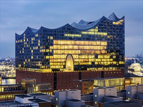 Aerial view of the Elbe Philharmonic Hall at blue hour, Hamburg, Germany, Europe