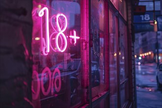 Pink neon light text '18+' glowing in window of bar at night. KI generiert, generiert, AI generated