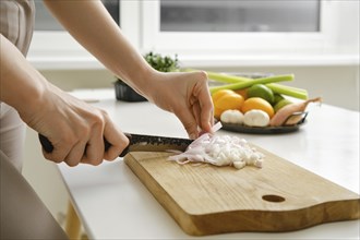 Hands of young woman chopping fresh onion on wooden board while preparing food