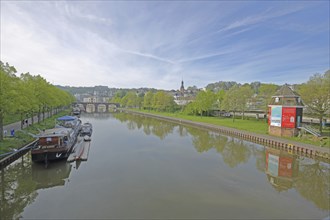 View from Wilhelm-Heinrich-Bridge with Old Saar Crane, Old Bridge and Ship Péniche Mosella, Spring,