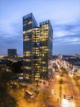 Aerial view Dancing Towers at blue hour with Reeperbahn, St. Pauli, Hamburg, Germany, Europe