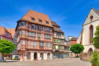 Mosbach, Germany, June 2021: Historic town center with timber-framed houses called Palmsche Haus at