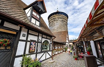 Alley with small shops in the Handwerkerhof, behind Frauentorturm, Nuremberg, Middle Franconia,