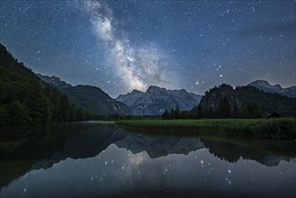 Milky Way over Almsee, Reflection, Totes Gebirge, Grünau, Almtal, Salzkammergut, Upper Austria,