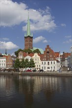 View over the Lübecker St. Petri Church, Petrikirche along the river Obertrave at Lübeck,