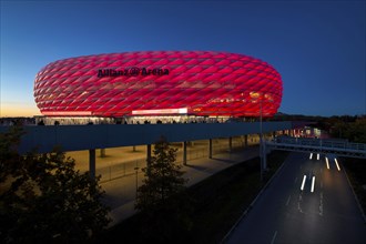 CL, Champions League evening, Allianz Arena, car park, illuminated, overview, blue hour, Munich,