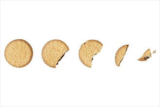 Double biscuit getting smaller by biting off, food photography, white background