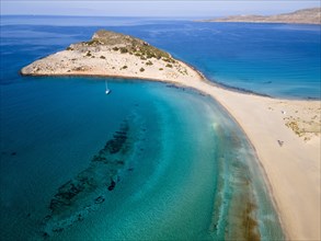 Drone shot, double bay of Simos beach, Sarakiniko beach, Elafonisos, Deer Island, Laconia,