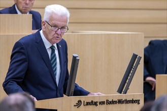 Winfried Kretschmann, Prime Minister, Greens, speaks in the Landtag, Stuttgart, Baden-Württemberg,