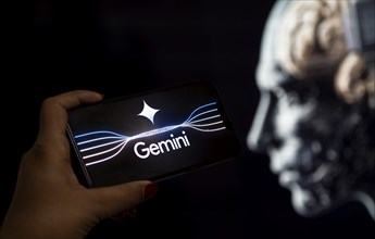 Guwahati, India. 8 December 2023. In this photo illustration a Gemini logo is displayed on a