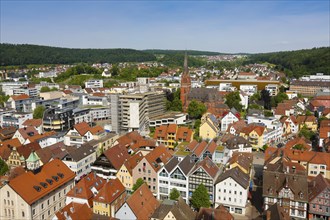 View of the town of Heidenheim from Hellenstein Castle, buildings, houses, church, roofs,