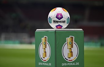 Adidas Derbystar match ball on podium, logo, DFB Cup, MHPArena, MHP Arena Stuttgart,