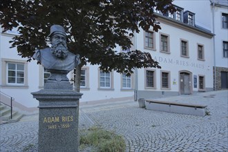 Monument to Adam Ries in front of the museum, inscription, Riese, Annaberg-Buchholz, Middle Ore