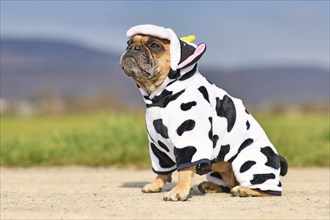 Sitting French Bulldog dog wearing a funny Halloween cow costume