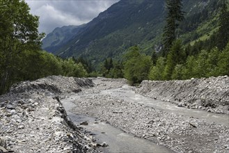 Illegal stream straightening in a nature reserve, Rappenalpbach in the Rappenalptal valley near