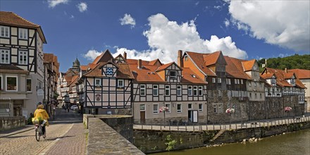 Half-timbered houses on the river Werra, German Half-timbered House Road, Hann. Münden or